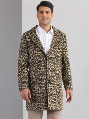 Animal Printed Trench Coat for Men's Notched Lapel Classic Vintage Winter Overcoats