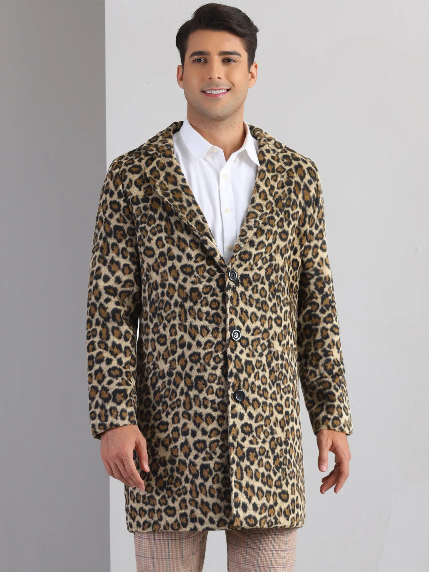 Animal Printed Trench Coat for Men's Notched Lapel Classic Vintage Winter Overcoats