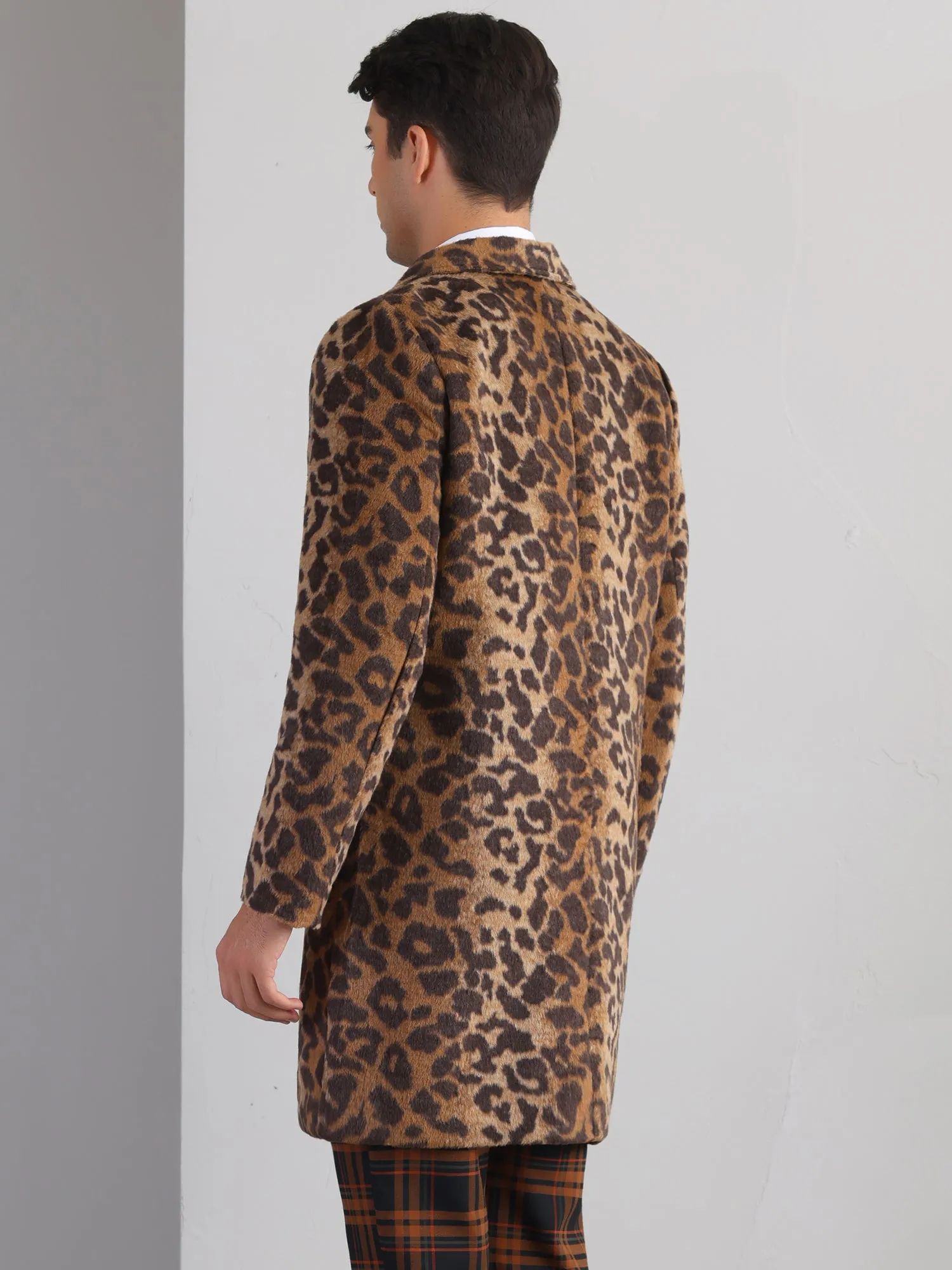 Animal Printed Trench Coat for Men's Notched Lapel Classic Vintage Winter Overcoats