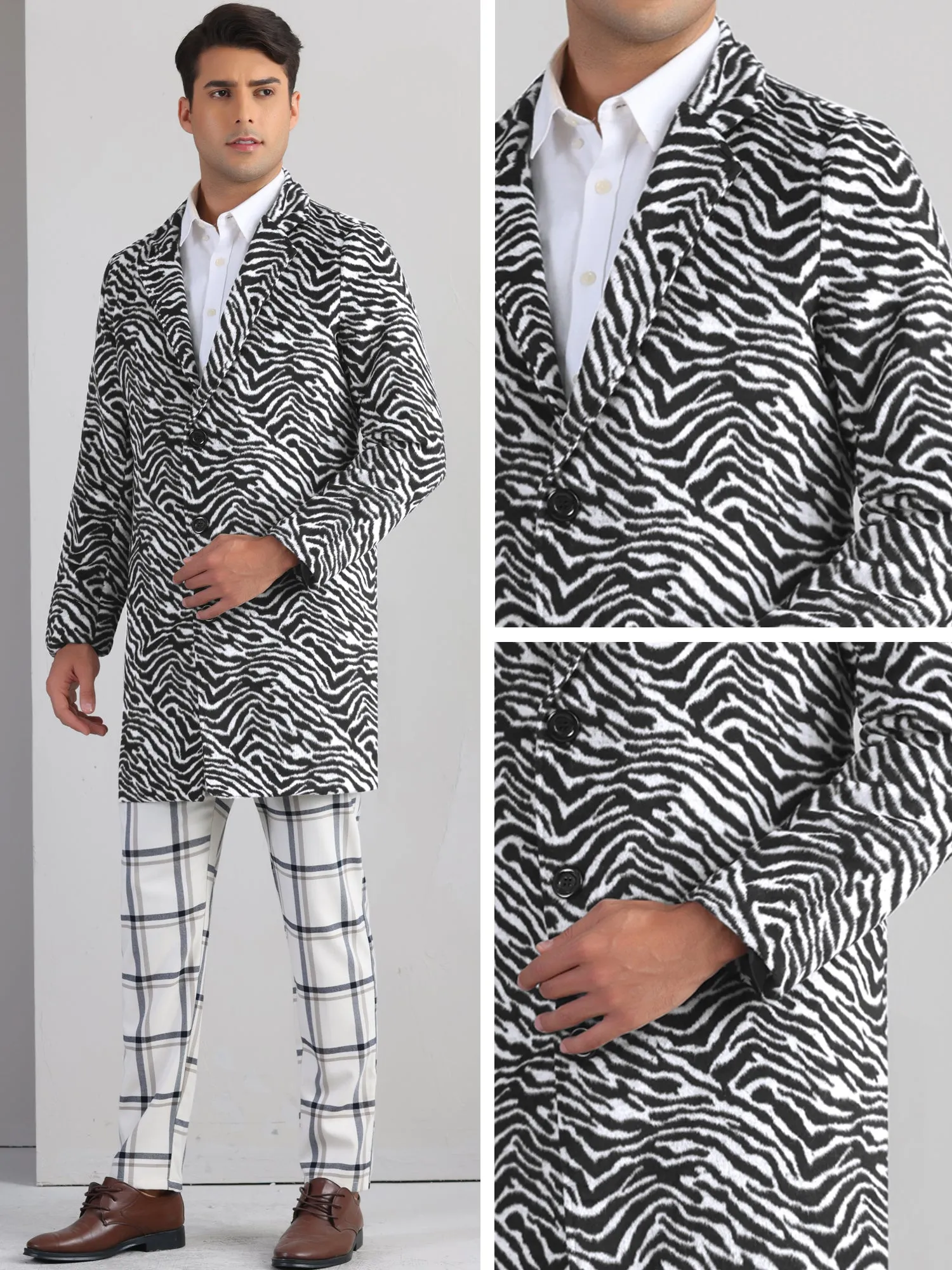 Animal Printed Trench Coat for Men's Notched Lapel Classic Vintage Winter Overcoats