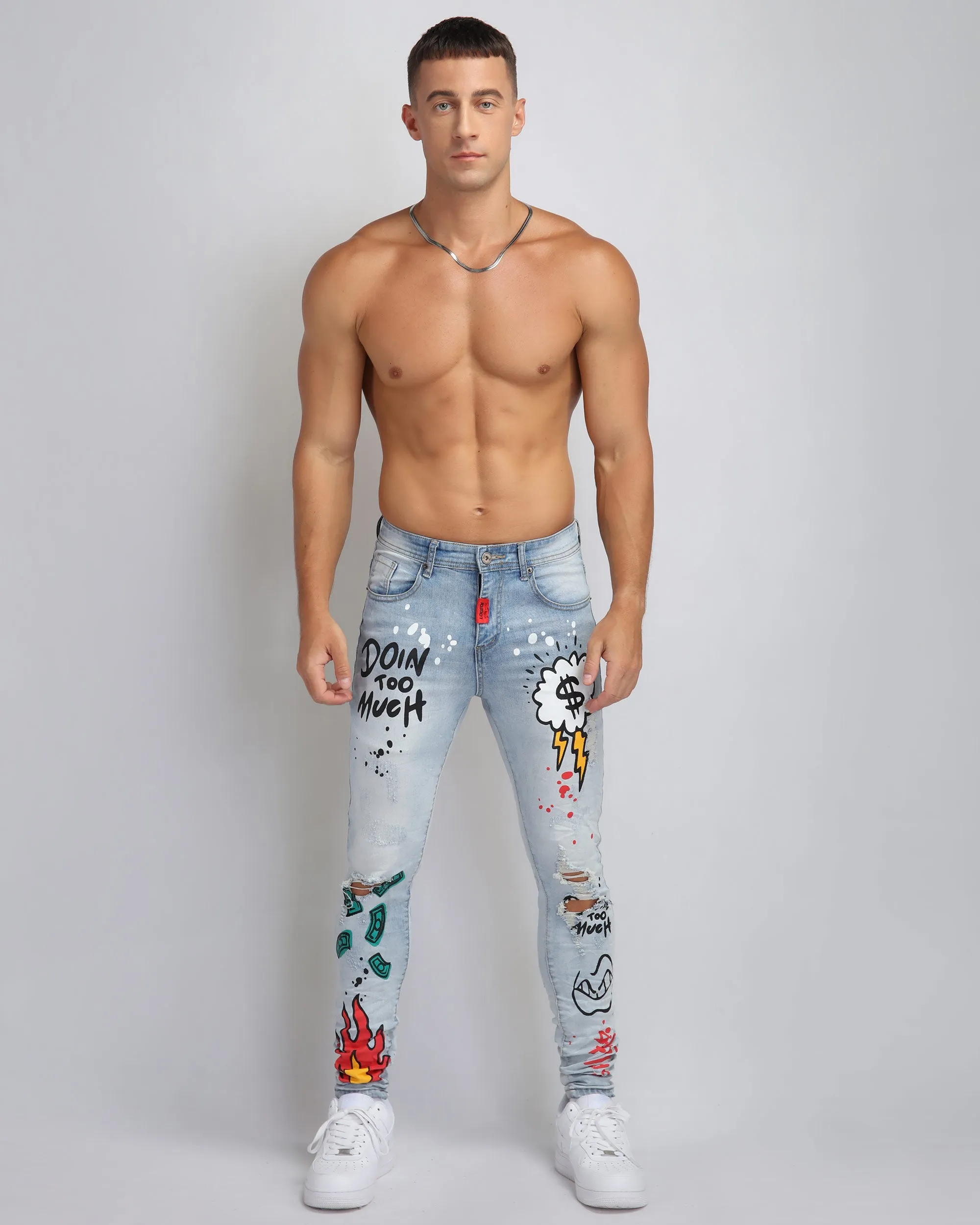 Anime-Inspired Style Light Wash Ripped Blue Jeans-Mexico Local Delivery