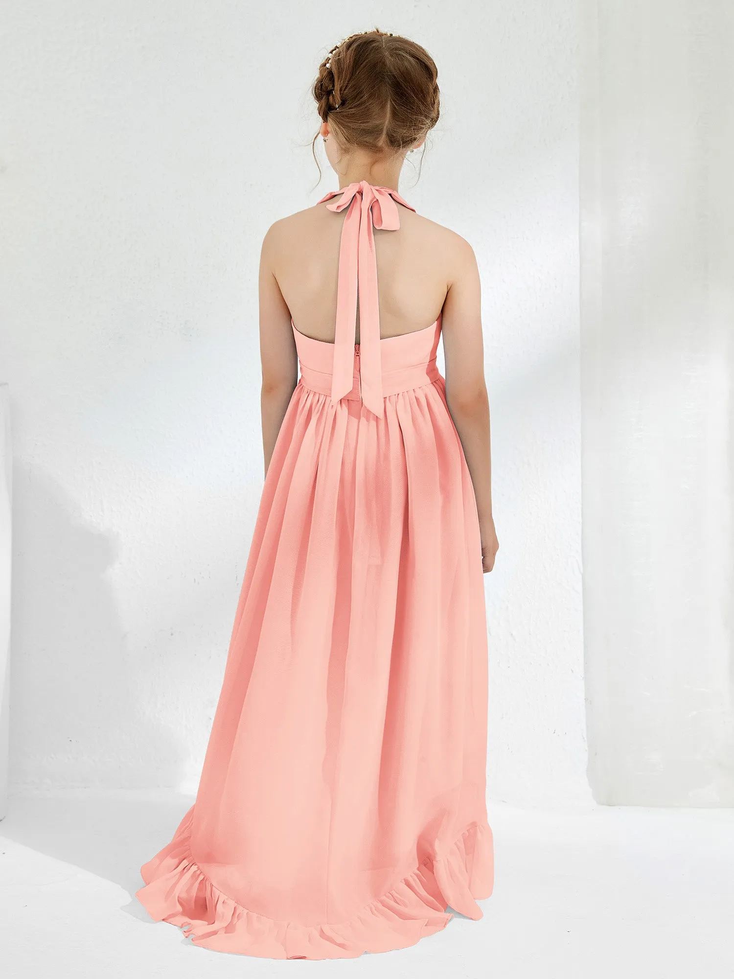 Asymmetrical A-line Junior Bridesmaid Dresses with Flower Coral