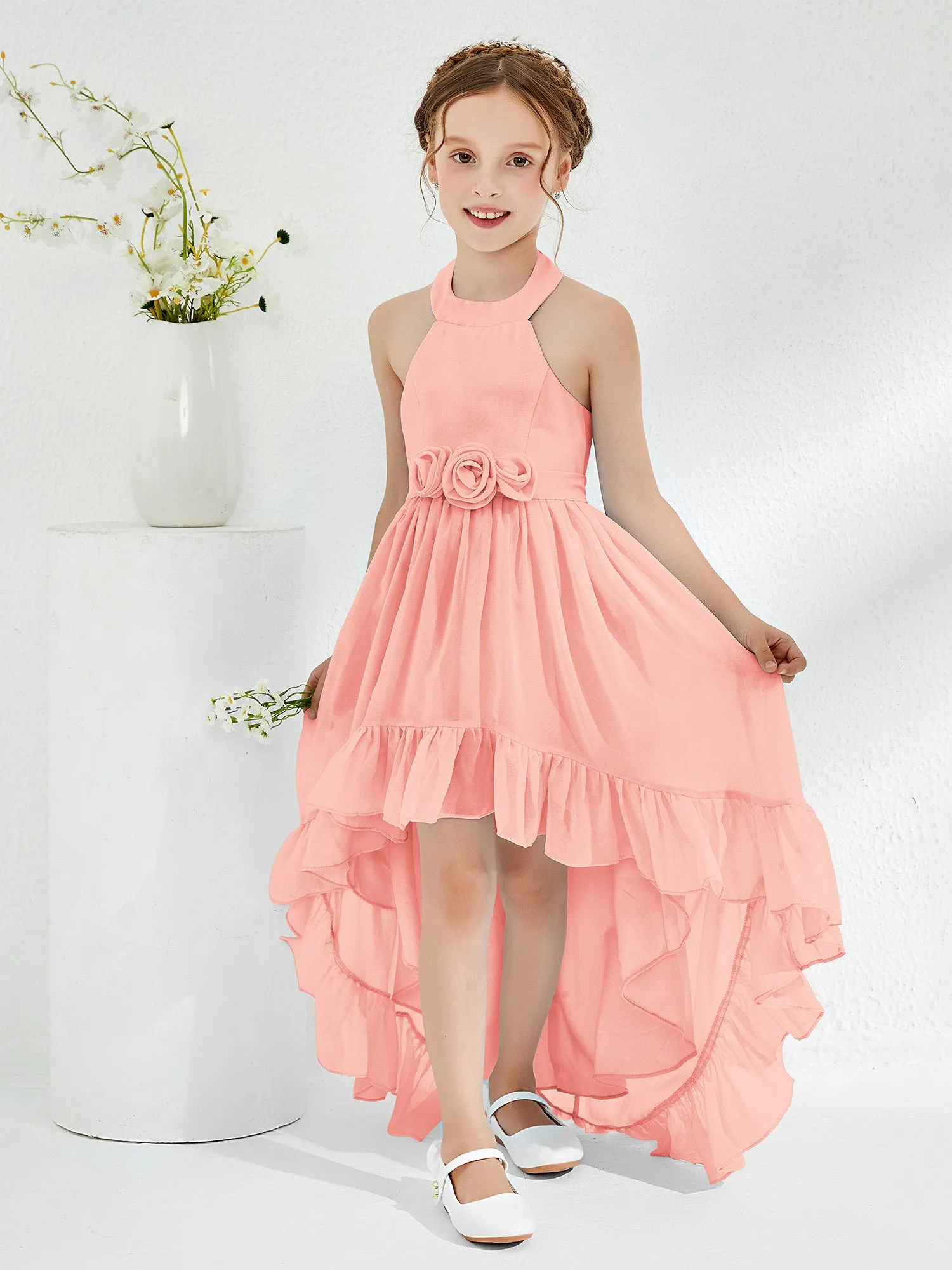Asymmetrical A-line Junior Bridesmaid Dresses with Flower Coral