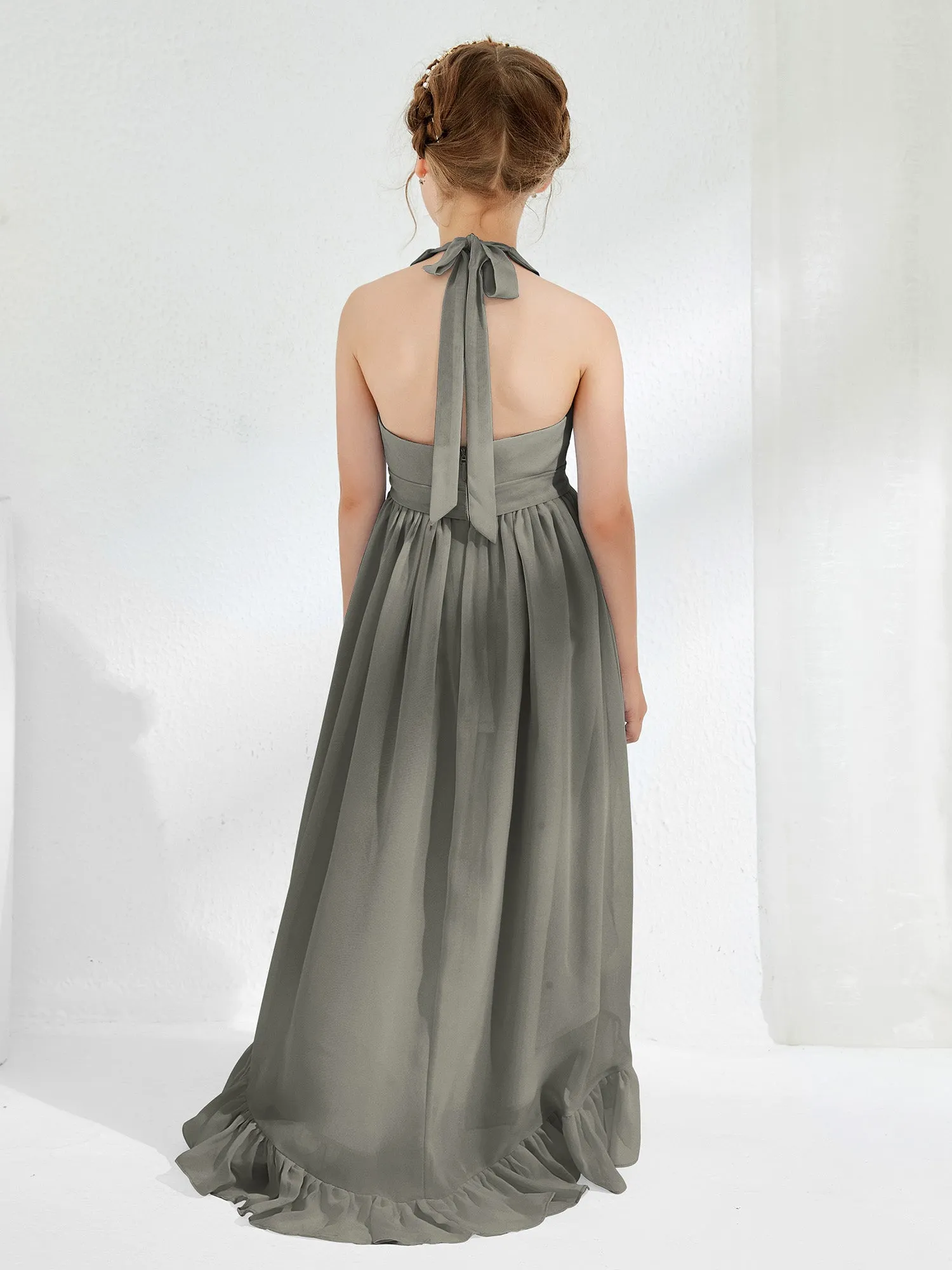 Asymmetrical A-line Junior Bridesmaid Dresses with Flower Steel Grey
