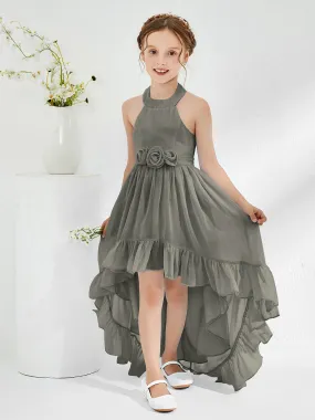 Asymmetrical A-line Junior Bridesmaid Dresses with Flower Steel Grey