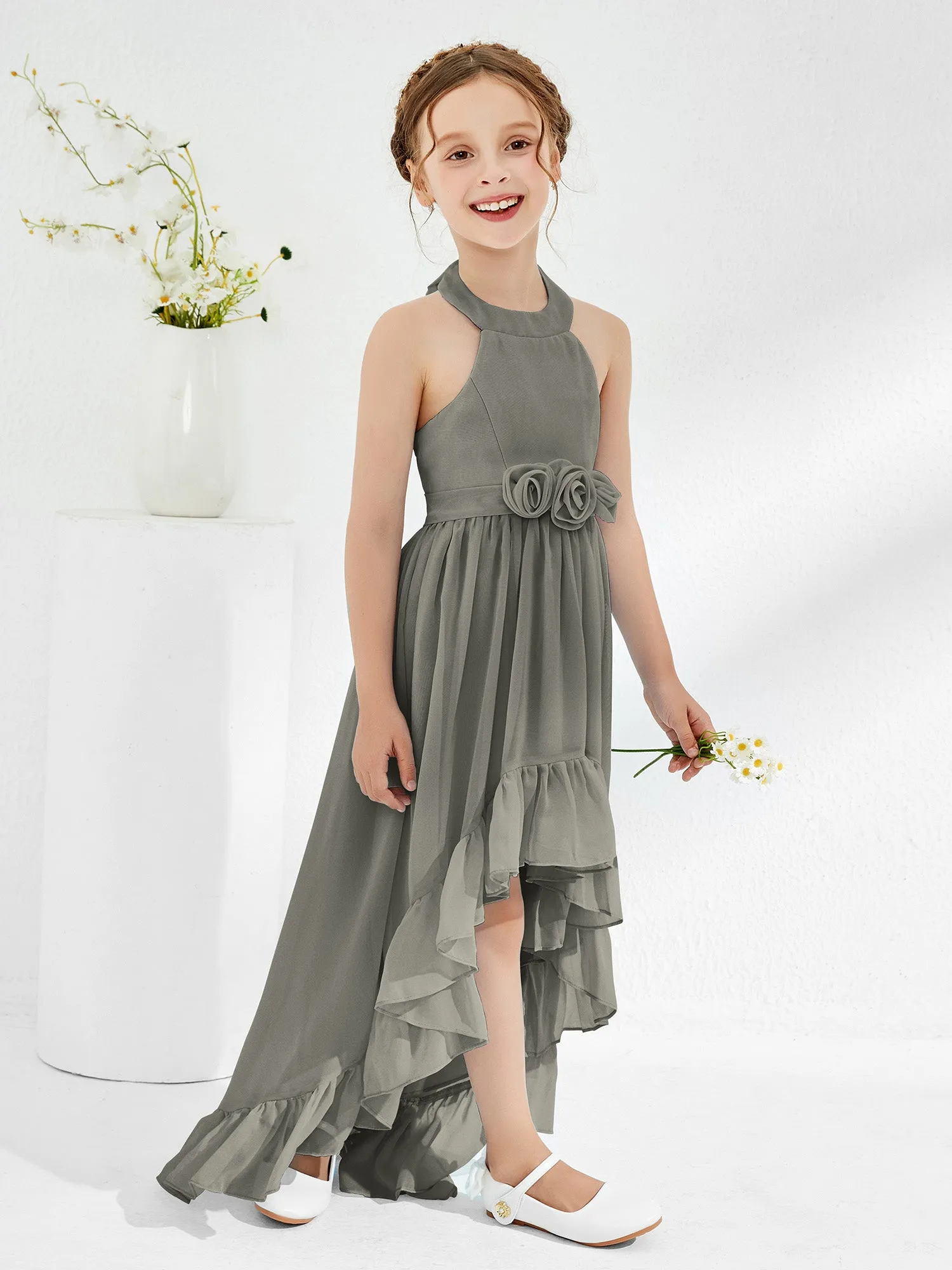 Asymmetrical A-line Junior Bridesmaid Dresses with Flower Steel Grey
