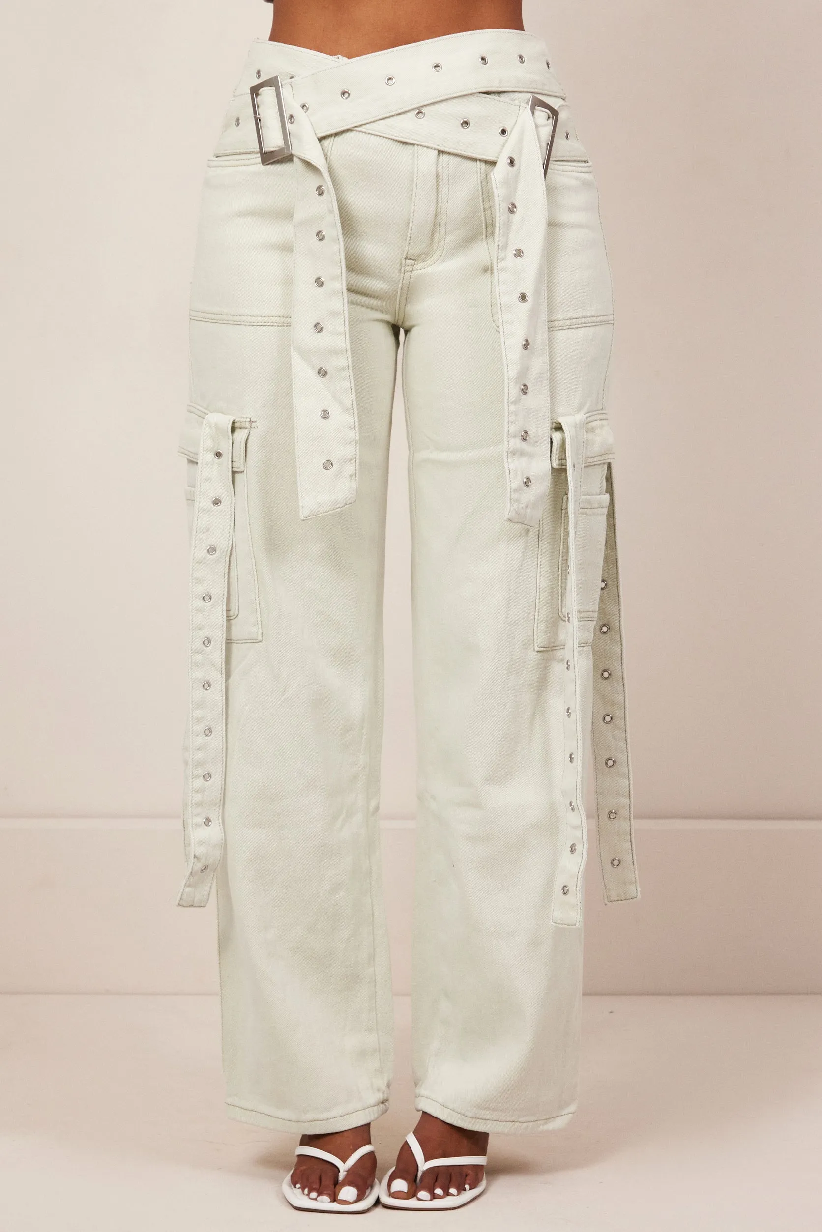 Belted Denim Jeans - Grey Wash