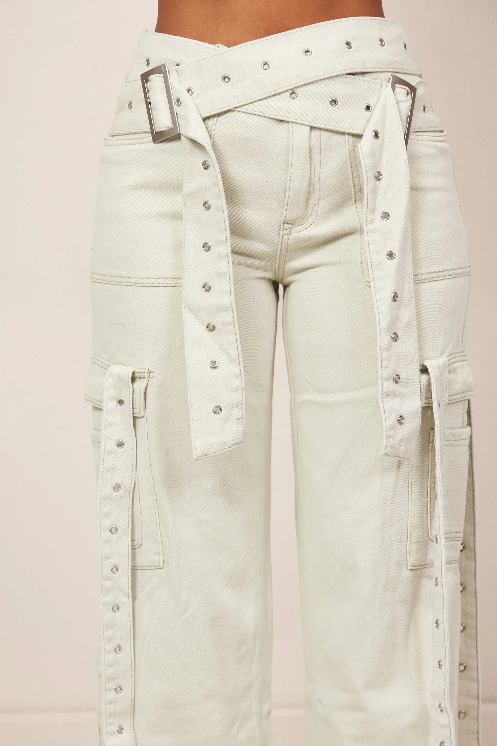 Belted Denim Jeans - Grey Wash