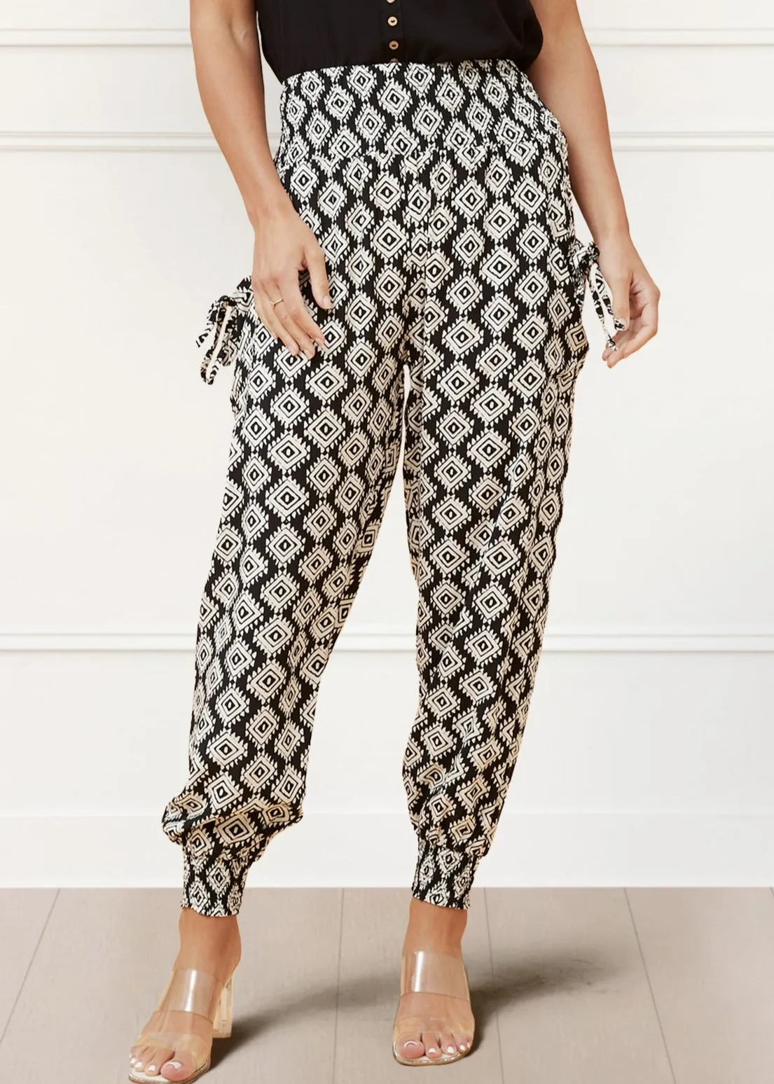 Beryle Pants Harem Boho Printed Smocked Waist Band Relaxed Fit Stylish
