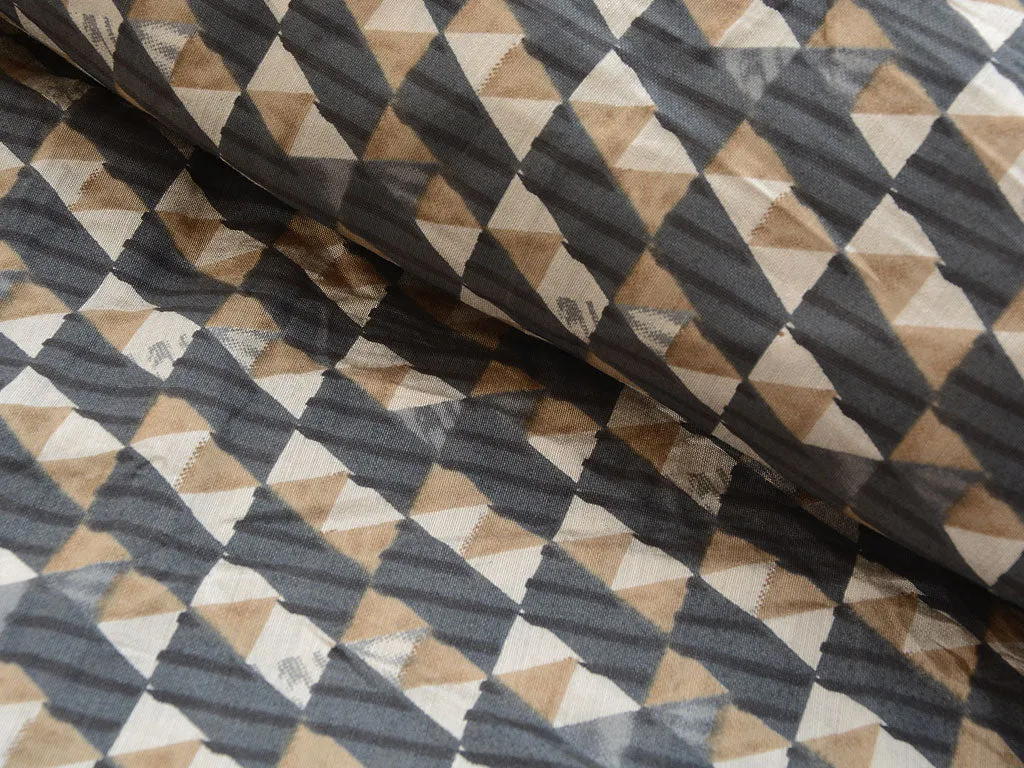 Black & Coffee Brown Geometric Premium Modal Chanderi Silk Fabric