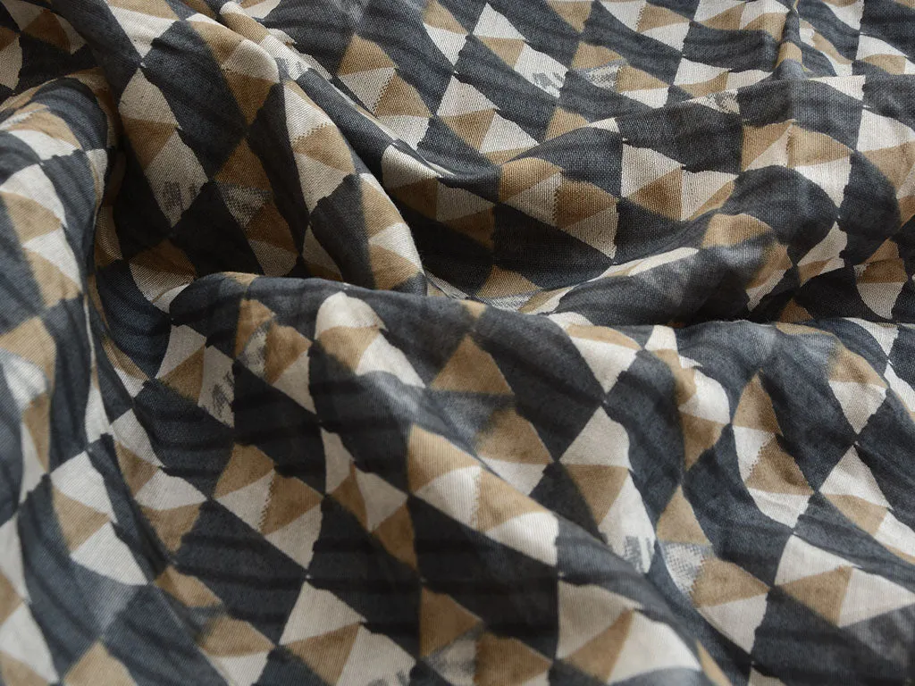 Black & Coffee Brown Geometric Premium Modal Chanderi Silk Fabric