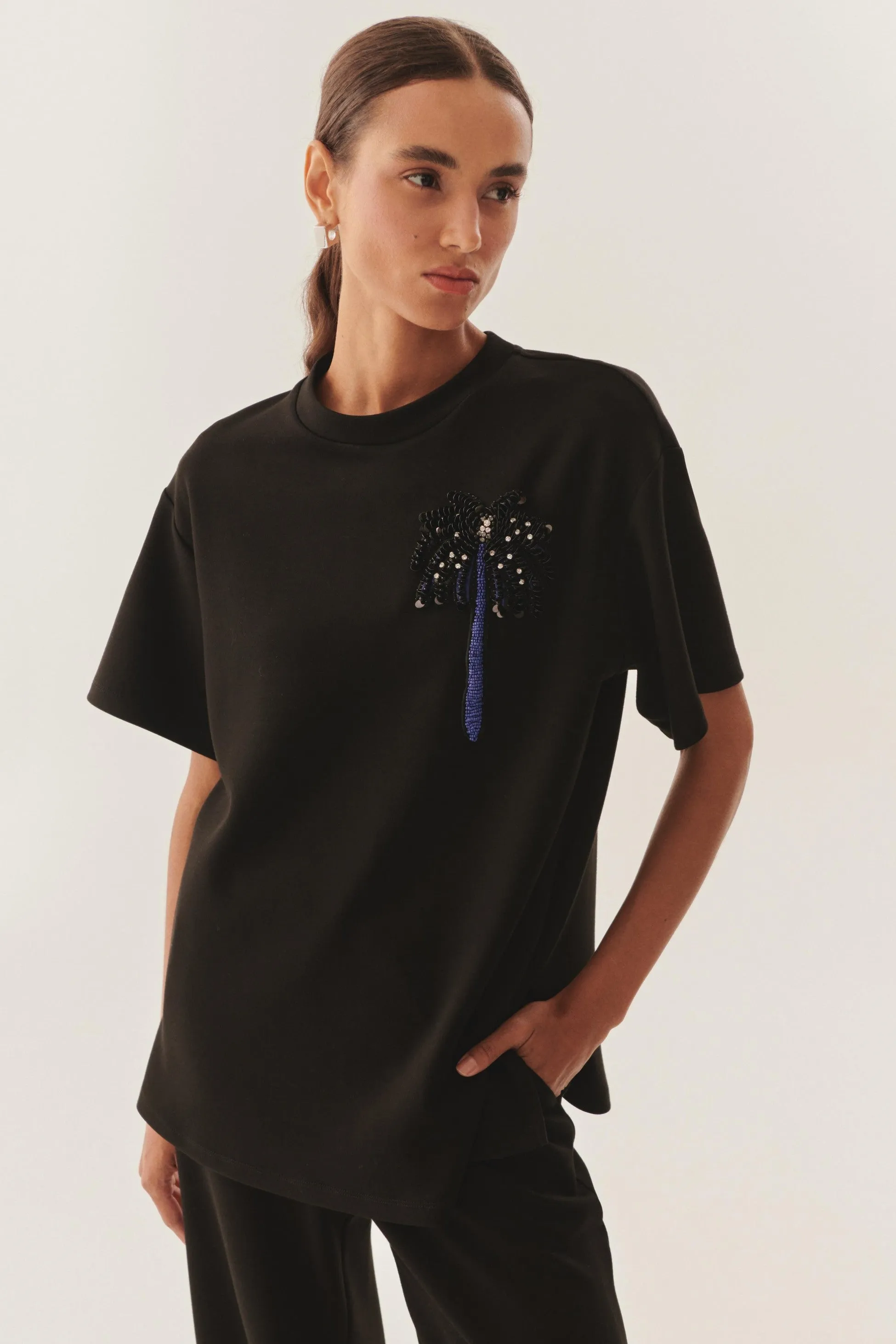 Black Embellished Relaxed Fit Tee T-Shirt