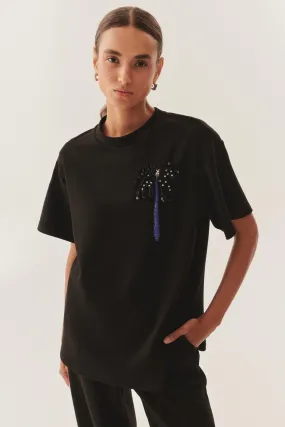 Black Embellished Relaxed Fit Tee T-Shirt