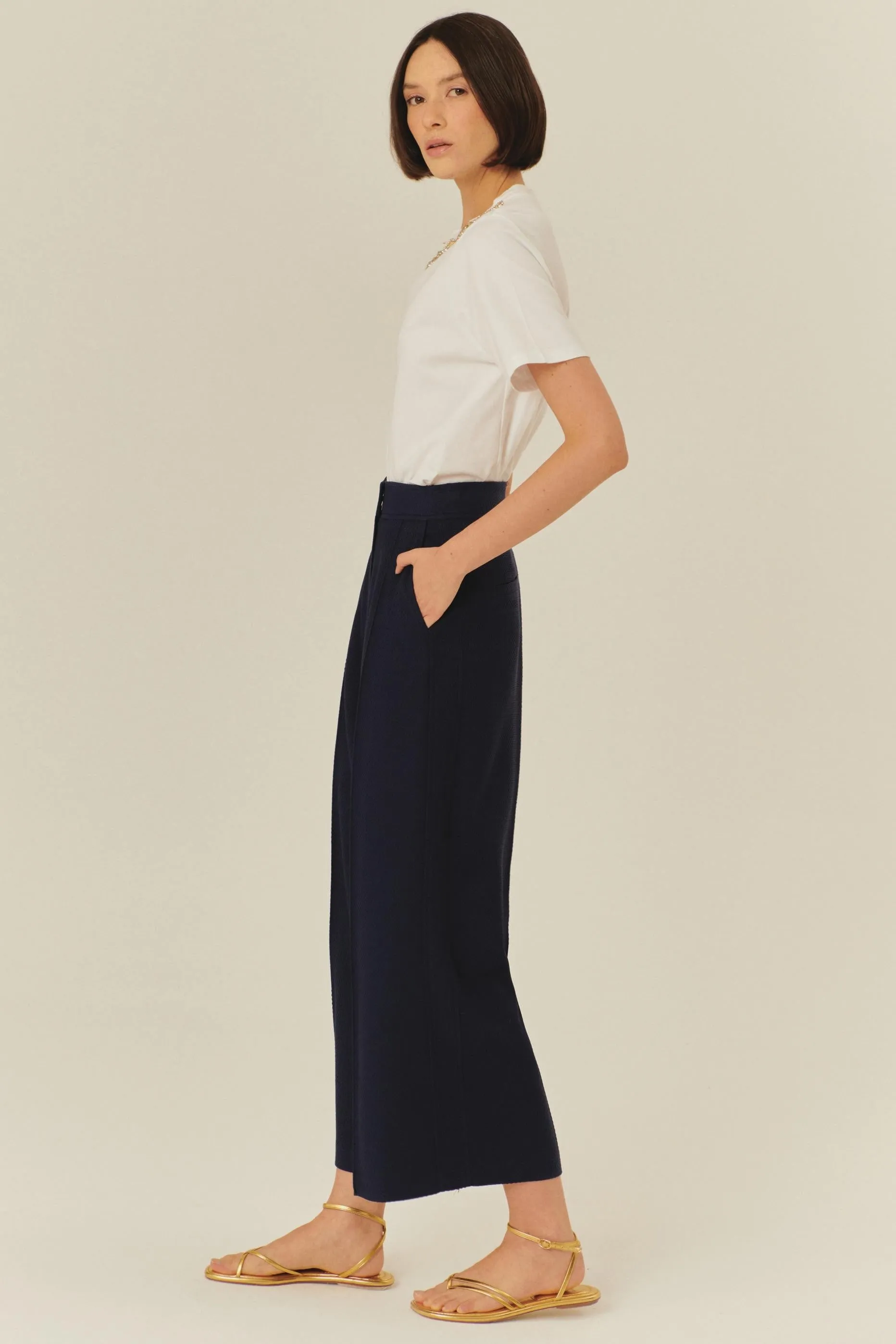 Blue Tailored Wide-Leg Trousers