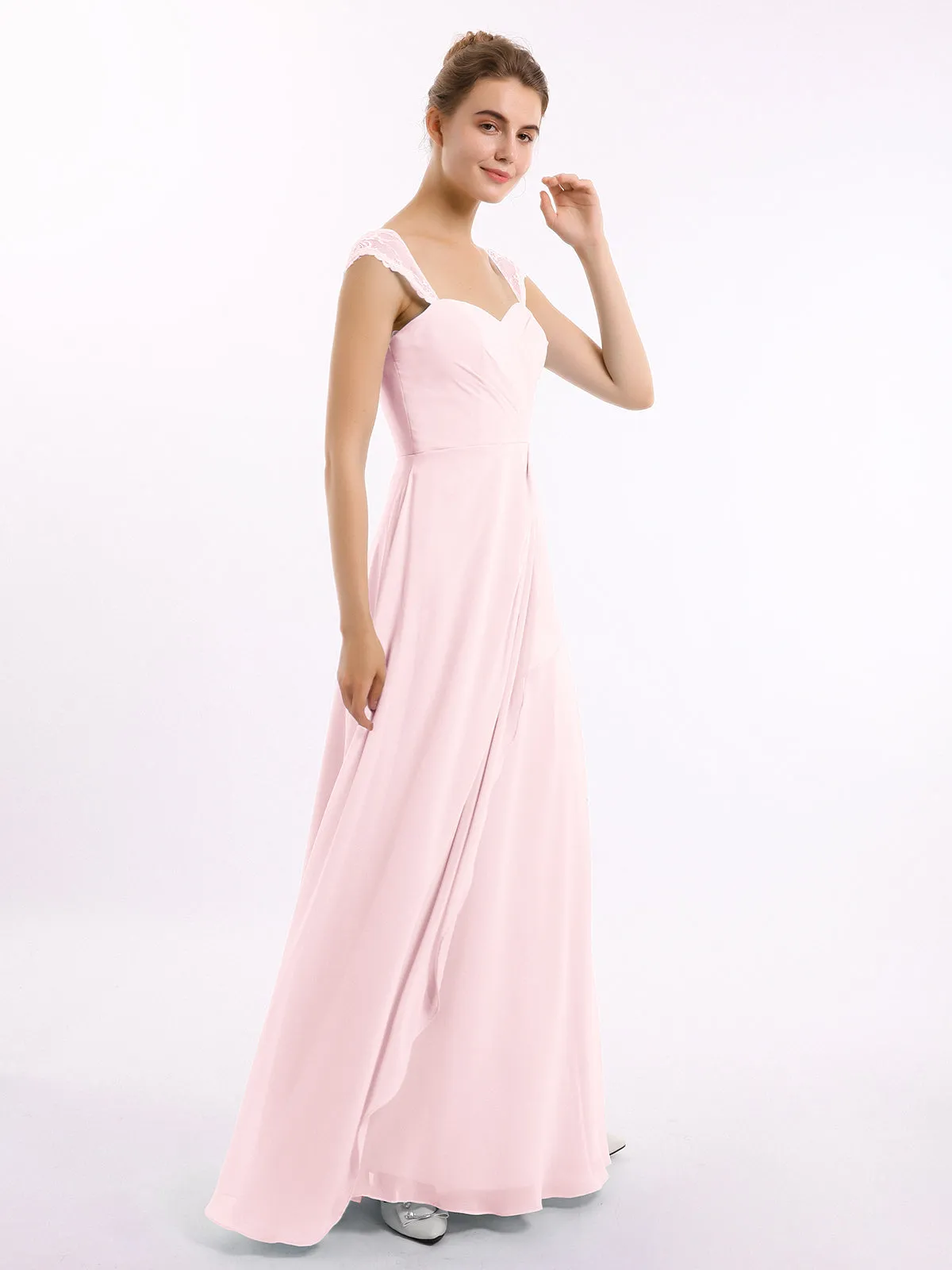 Chiffon Bridesmaid Dresses with Lace Cap Sleeves-Blushing Pink