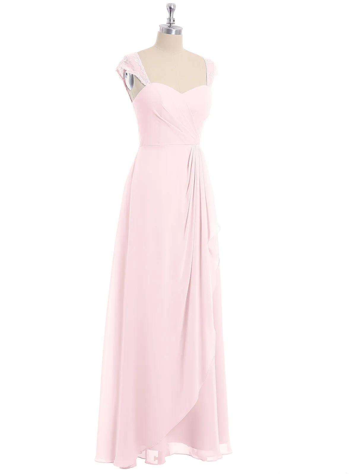 Chiffon Bridesmaid Dresses with Lace Cap Sleeves-Blushing Pink