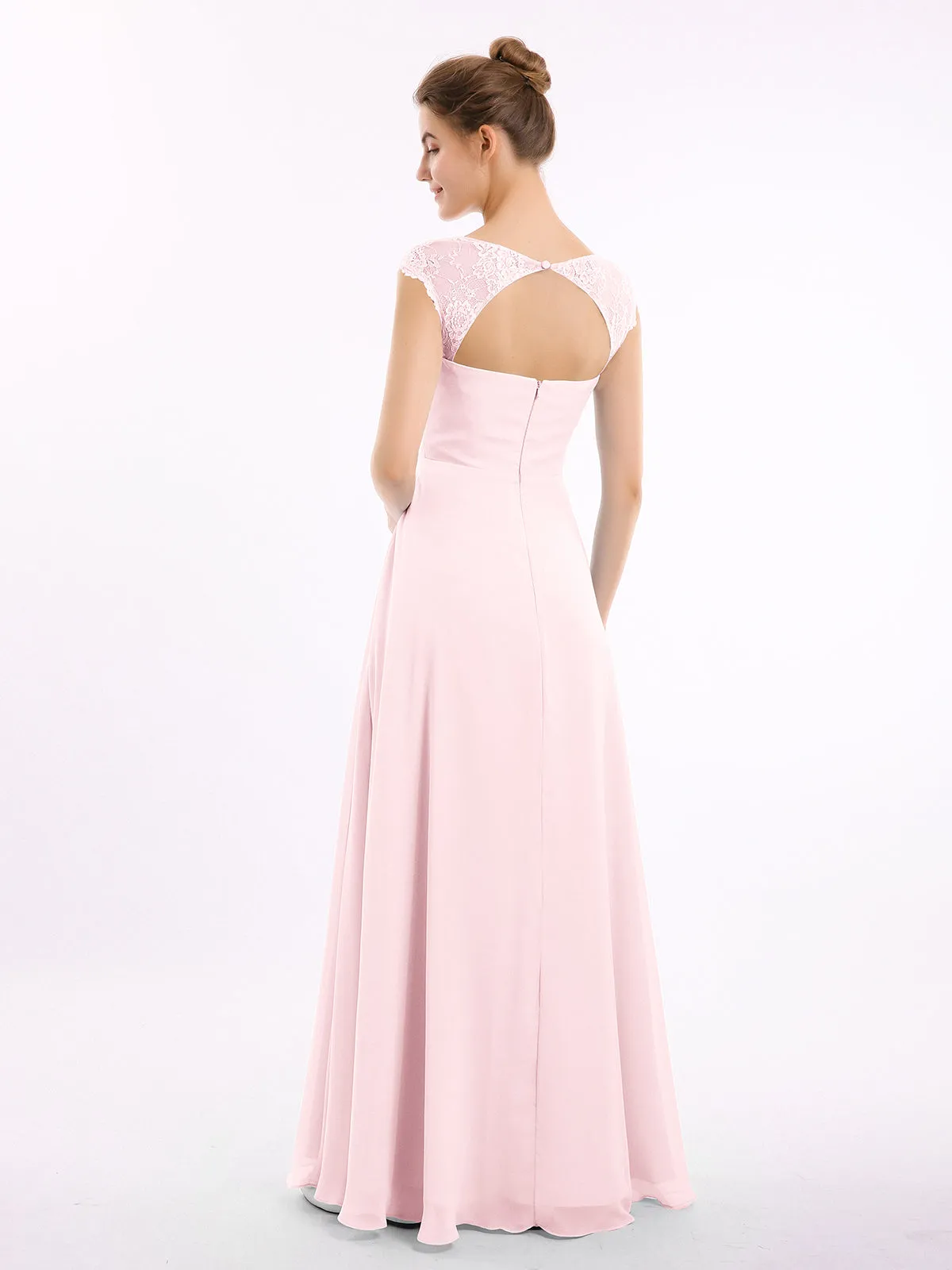 Chiffon Bridesmaid Dresses with Lace Cap Sleeves-Blushing Pink