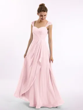 Chiffon Bridesmaid Dresses with Lace Cap Sleeves-Blushing Pink