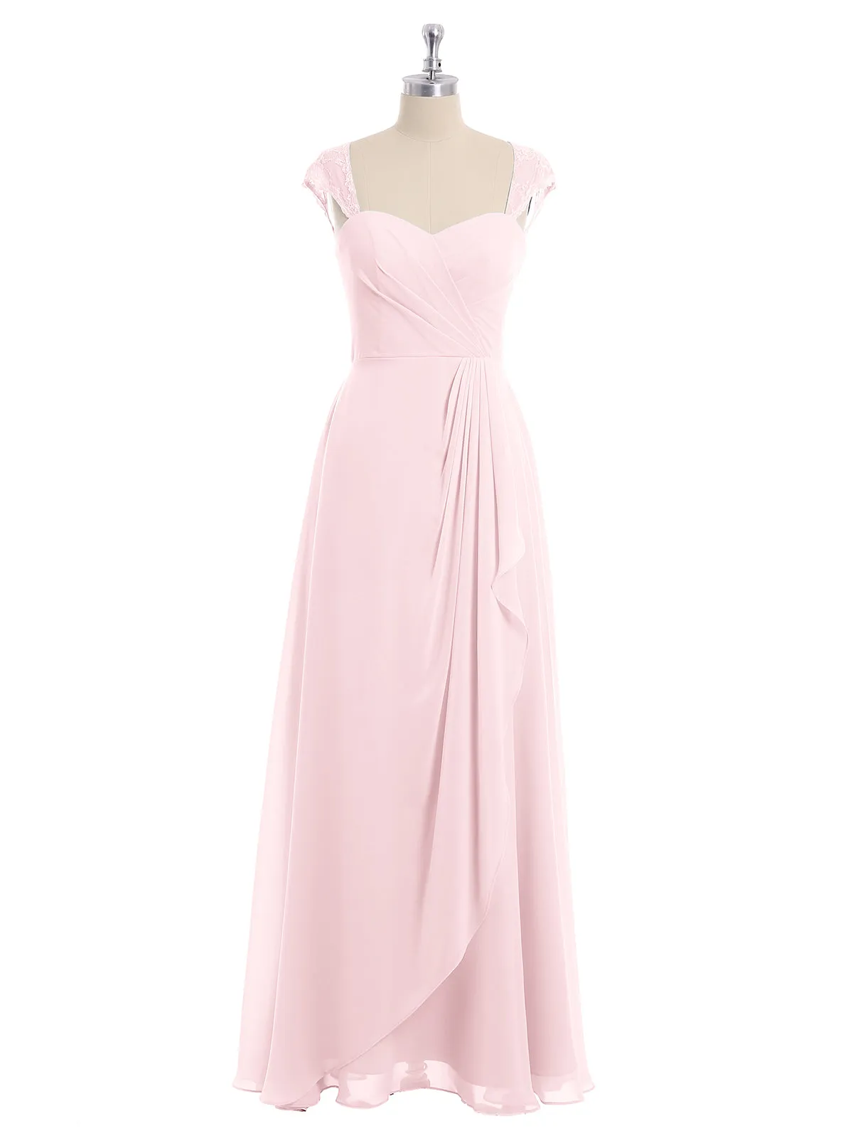 Chiffon Bridesmaid Dresses with Lace Cap Sleeves-Blushing Pink