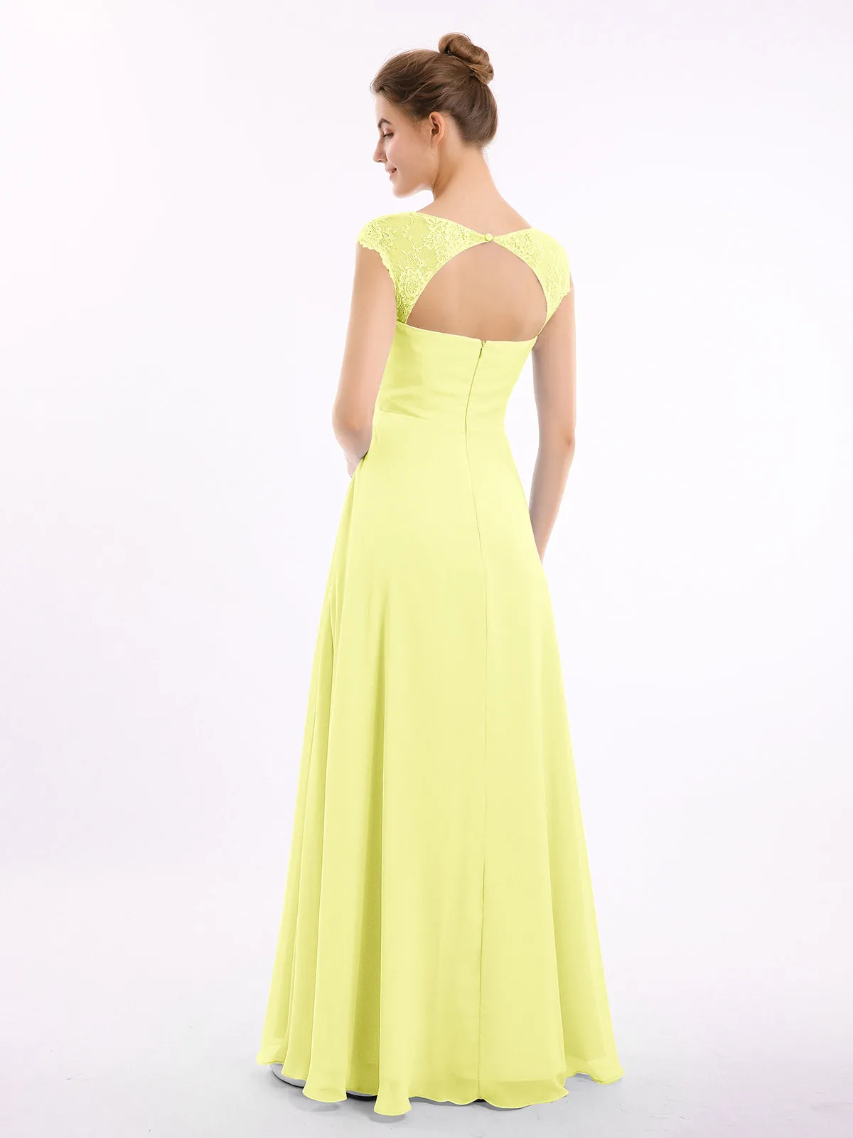 Chiffon Bridesmaid Dresses with Lace Cap Sleeves-Daffodil Plus Size