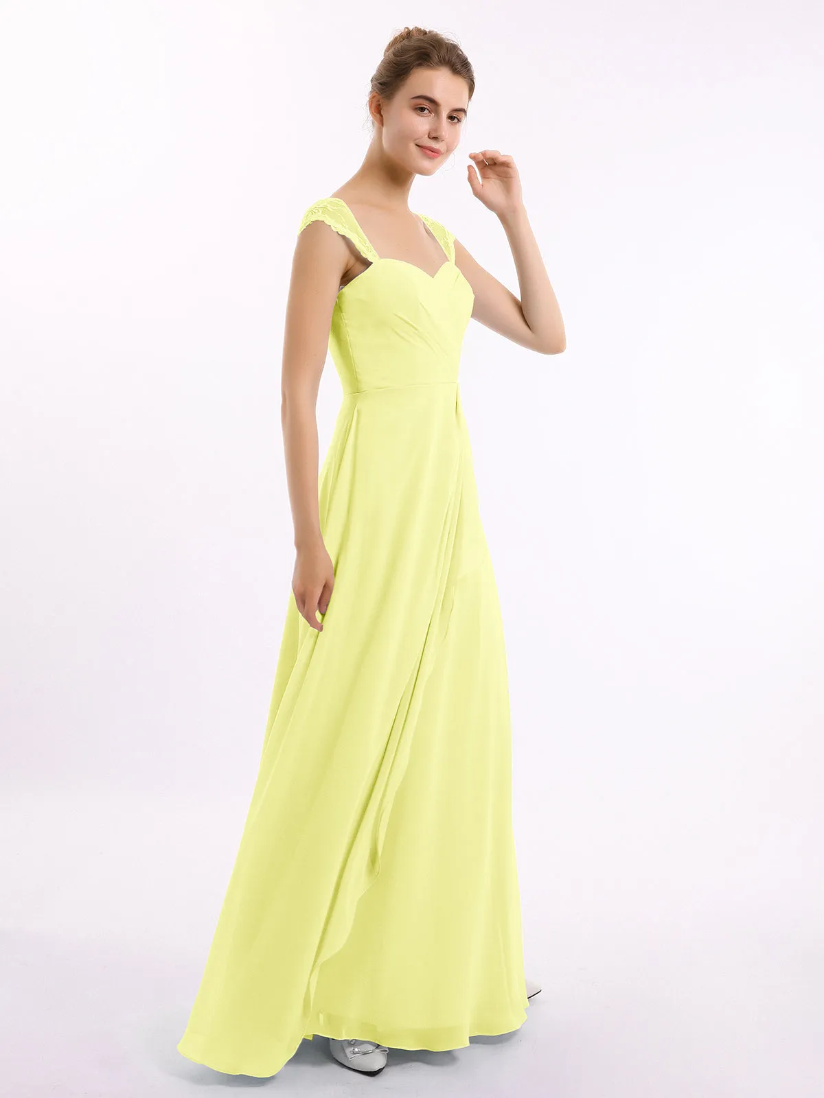 Chiffon Bridesmaid Dresses with Lace Cap Sleeves-Daffodil Plus Size