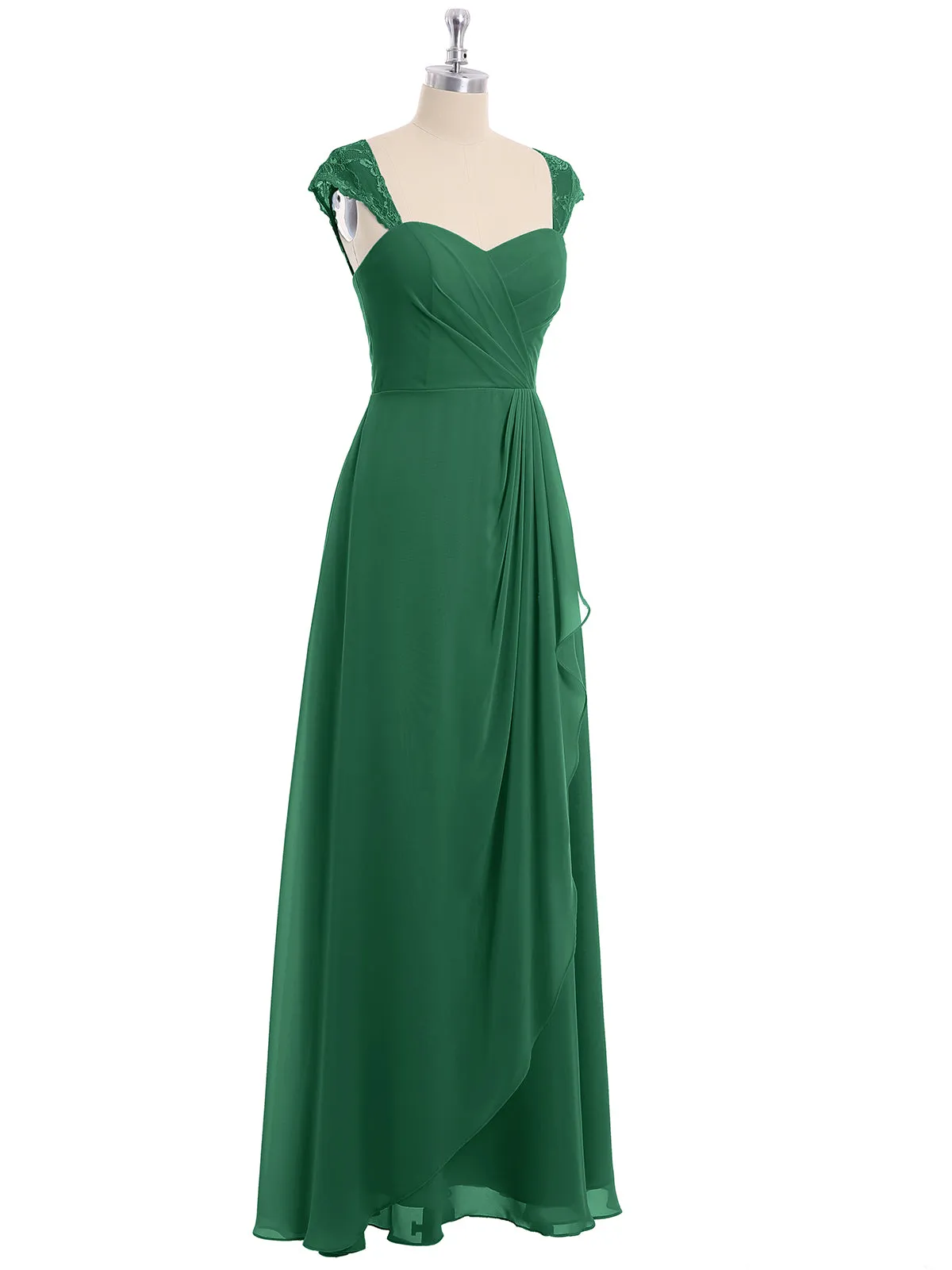 Chiffon Bridesmaid Dresses with Lace Cap Sleeves-Dark Green Plus Size