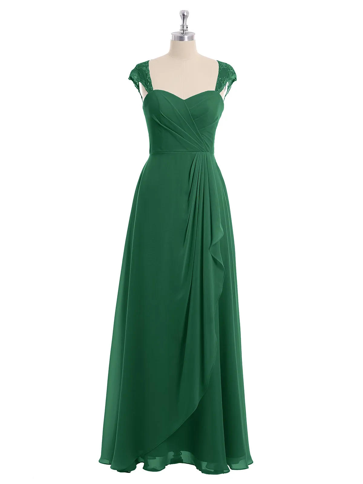 Chiffon Bridesmaid Dresses with Lace Cap Sleeves-Dark Green Plus Size