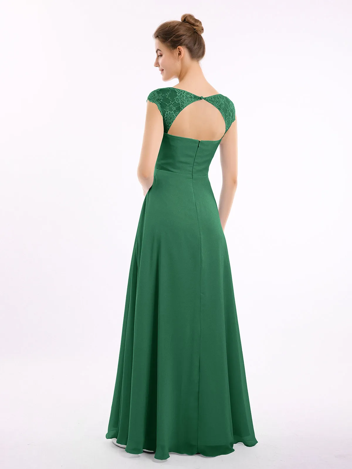 Chiffon Bridesmaid Dresses with Lace Cap Sleeves-Dark Green Plus Size
