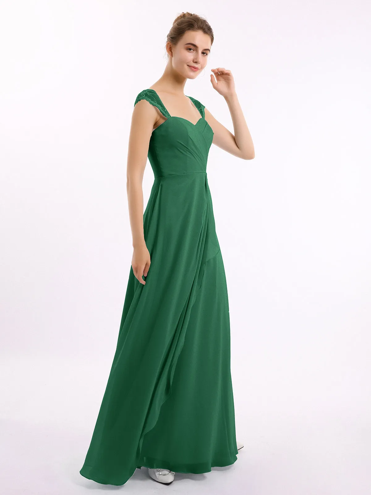 Chiffon Bridesmaid Dresses with Lace Cap Sleeves-Dark Green Plus Size