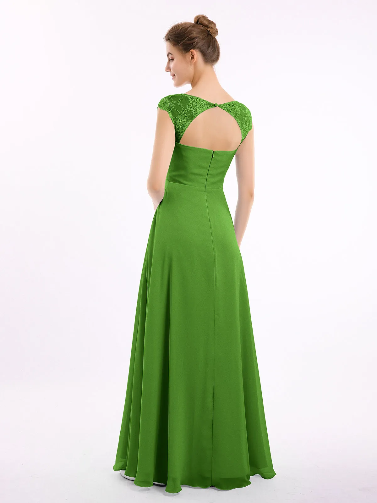 Chiffon Bridesmaid Dresses with Lace Cap Sleeves-Moss Plus Size