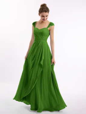 Chiffon Bridesmaid Dresses with Lace Cap Sleeves-Moss Plus Size