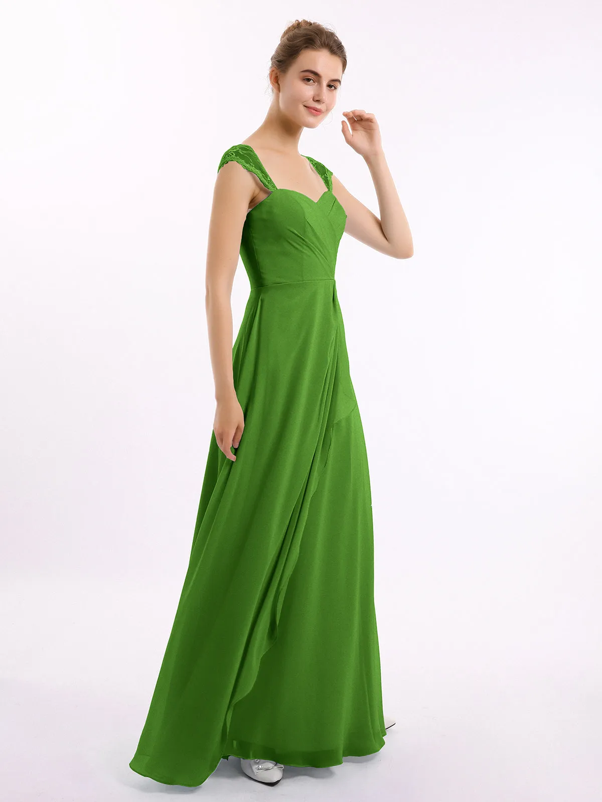 Chiffon Bridesmaid Dresses with Lace Cap Sleeves-Moss Plus Size