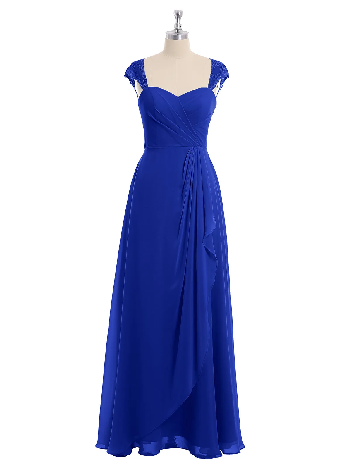 Chiffon Bridesmaid Dresses with Lace Cap Sleeves-Royal Blue