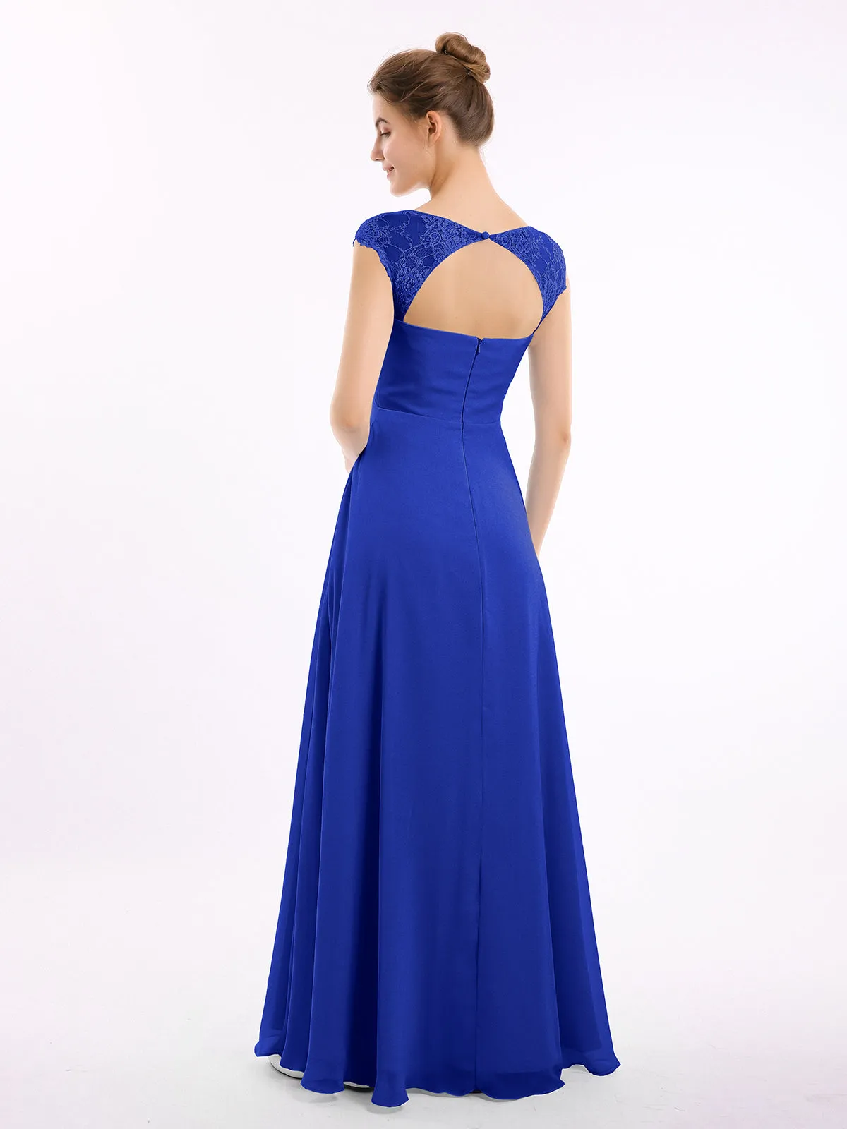 Chiffon Bridesmaid Dresses with Lace Cap Sleeves-Royal Blue