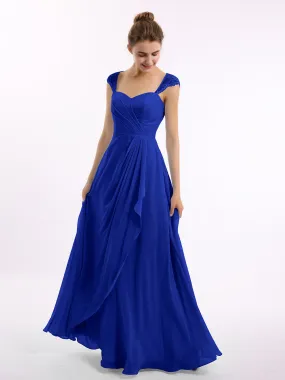 Chiffon Bridesmaid Dresses with Lace Cap Sleeves-Royal Blue