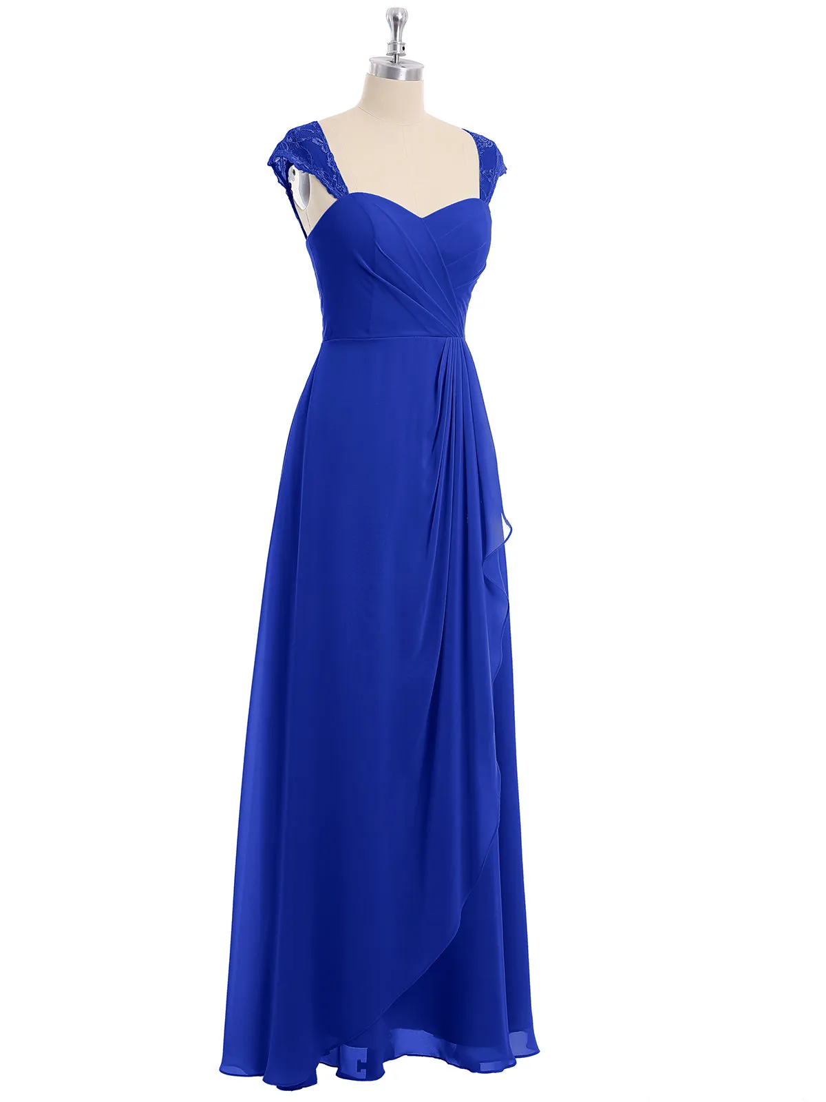 Chiffon Bridesmaid Dresses with Lace Cap Sleeves-Royal Blue