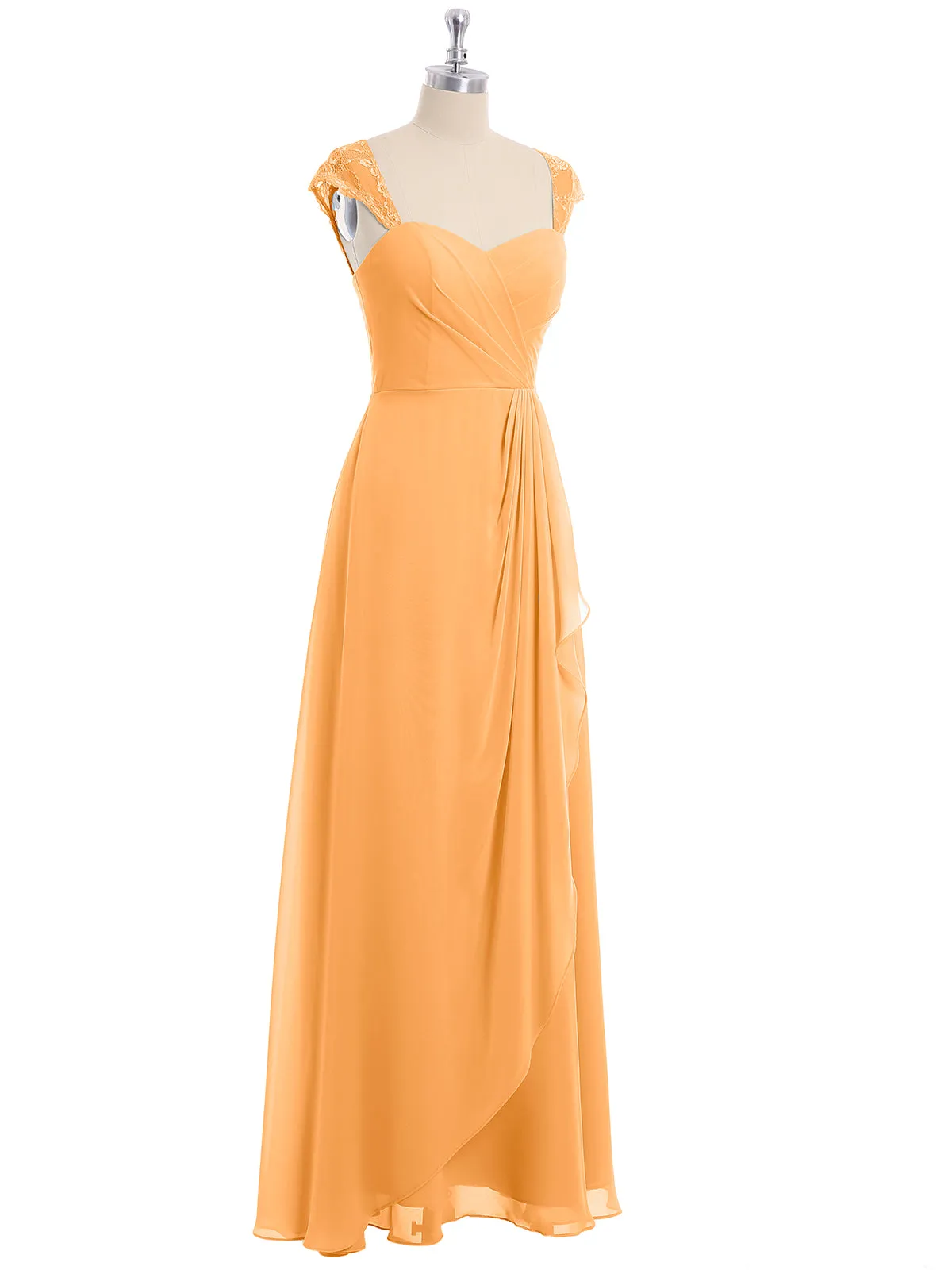 Chiffon Bridesmaid Dresses with Lace Cap Sleeves-Tangerine