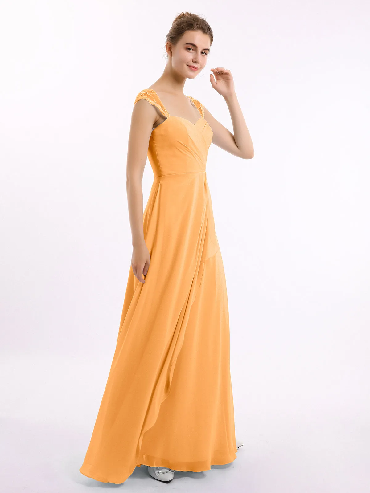 Chiffon Bridesmaid Dresses with Lace Cap Sleeves-Tangerine