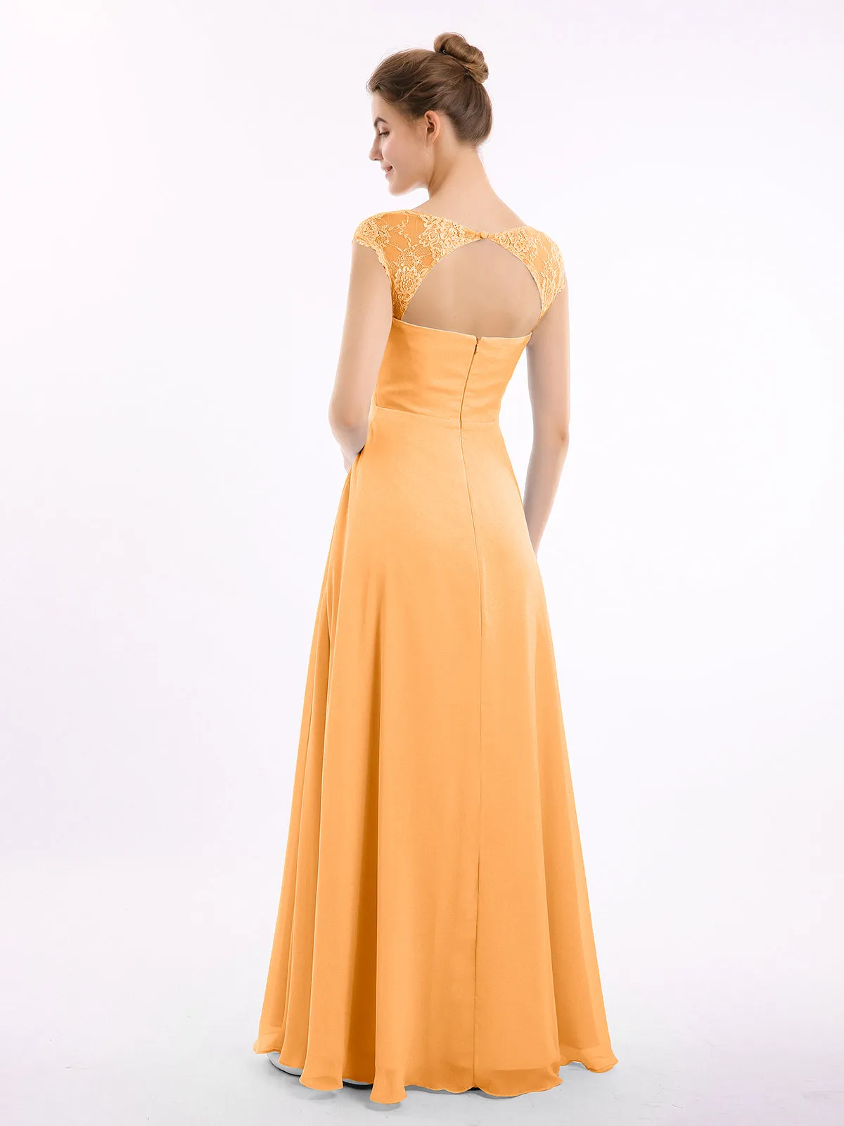 Chiffon Bridesmaid Dresses with Lace Cap Sleeves-Tangerine