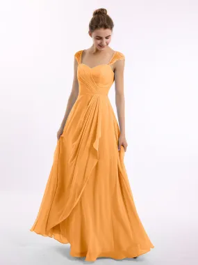 Chiffon Bridesmaid Dresses with Lace Cap Sleeves-Tangerine