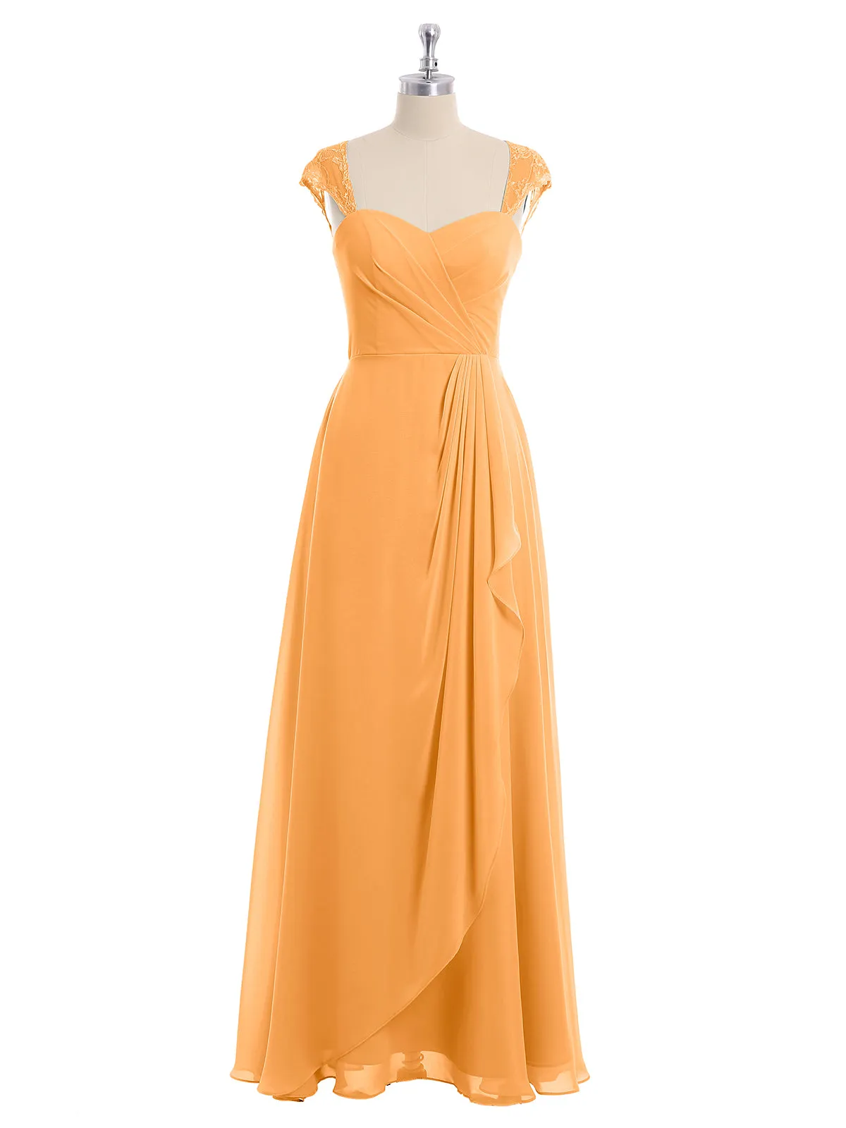Chiffon Bridesmaid Dresses with Lace Cap Sleeves-Tangerine