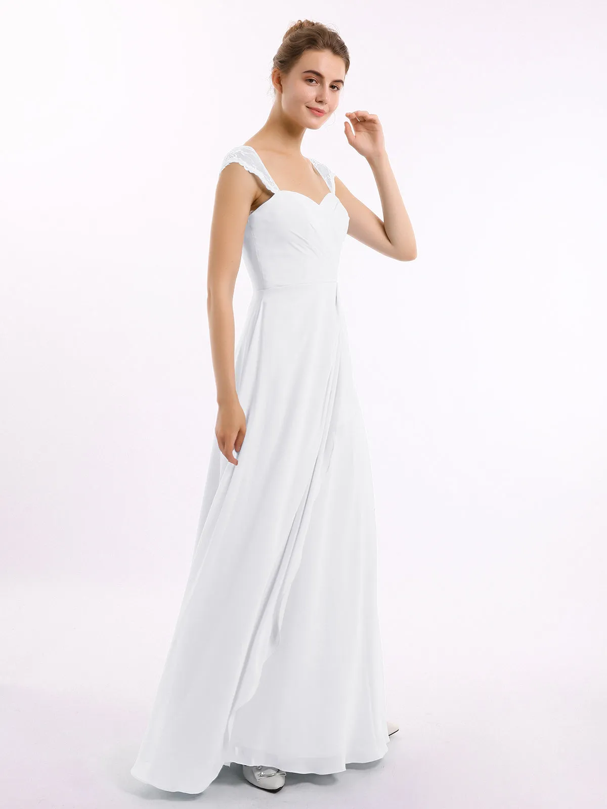 Chiffon Bridesmaid Dresses with Lace Cap Sleeves-White Plus Size