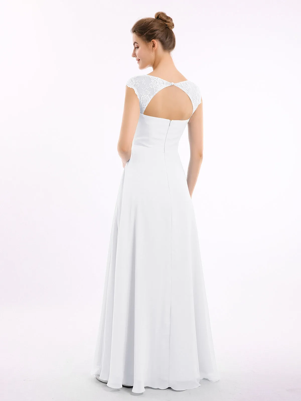 Chiffon Bridesmaid Dresses with Lace Cap Sleeves-White Plus Size