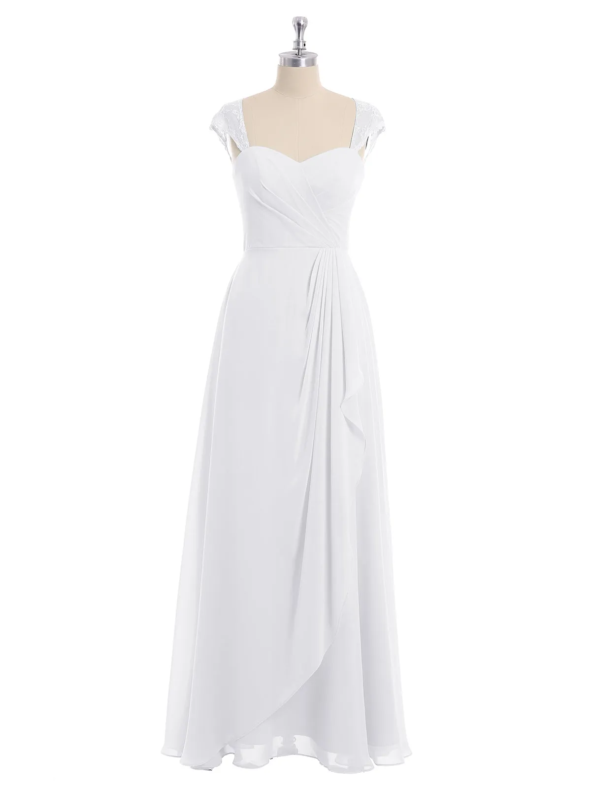 Chiffon Bridesmaid Dresses with Lace Cap Sleeves-White Plus Size