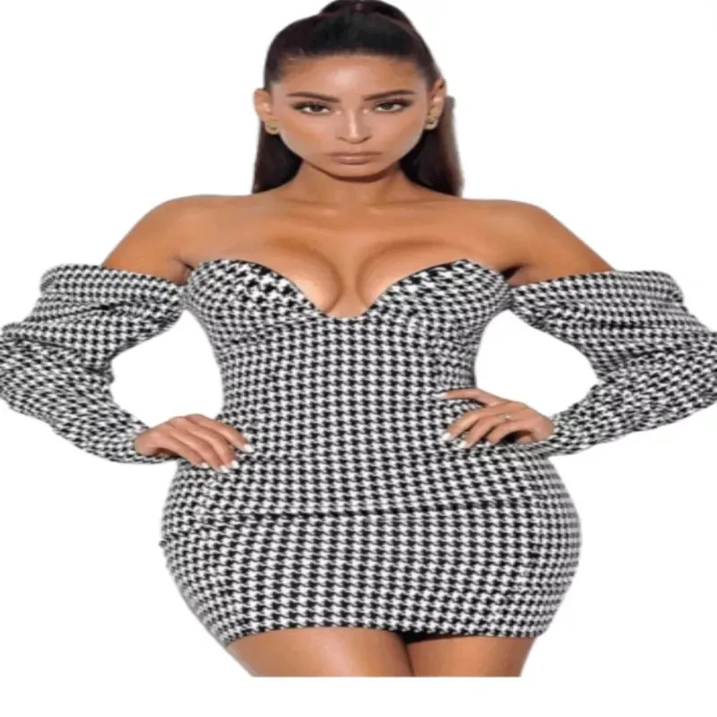 Daydreamin' Puff Sleeve Houndstooth Dress