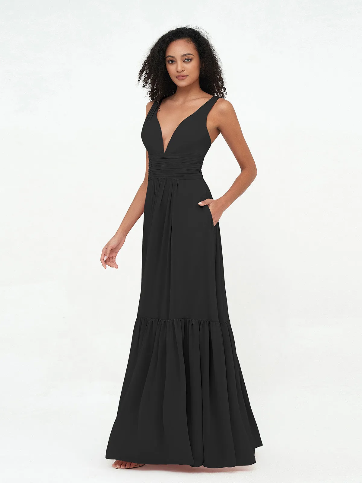 Deep-V Neck Chiffon Tiered Skirt Boho Dresses-Black Plus Size