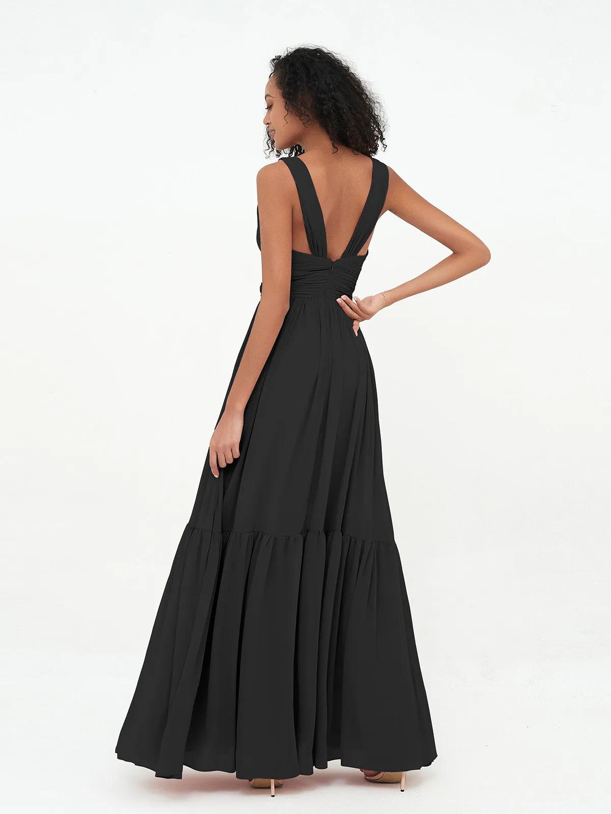 Deep-V Neck Chiffon Tiered Skirt Boho Dresses-Black Plus Size