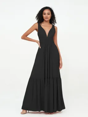 Deep-V Neck Chiffon Tiered Skirt Boho Dresses-Black Plus Size