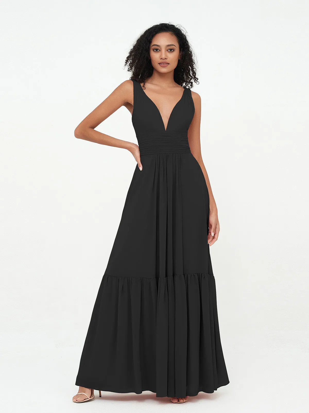 Deep-V Neck Chiffon Tiered Skirt Boho Dresses-Black Plus Size