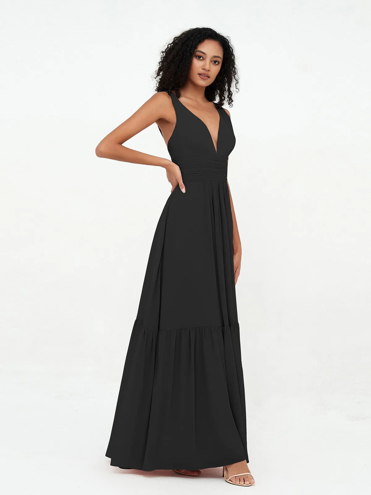 Deep-V Neck Chiffon Tiered Skirt Boho Dresses-Black Plus Size